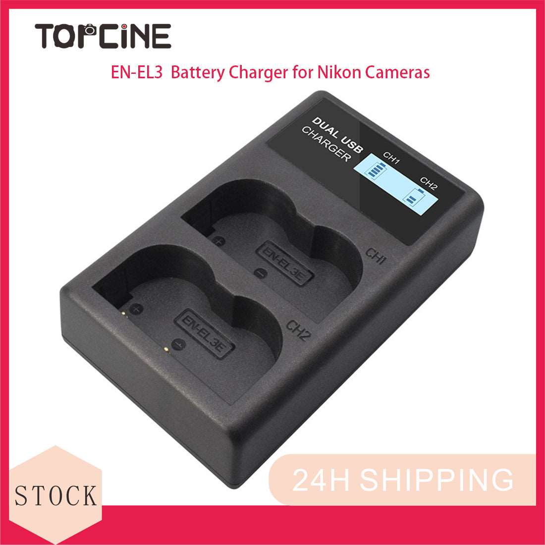 Topcine Dual Slot EN-EL3 Battery Charger, ENEL3 Fast Charger Compatible for Nikon EN EL3e, EL3, EL3a, D700, D300s, D300, D200, D100, D90, D80, D70s, D70, D50, MH-18, MH-18a, MH-19, MB-D200, MB-D10 & More TOPCINE