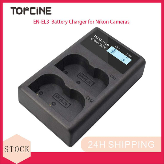 Topcine Dual Slot EN-EL3 Battery Charger, ENEL3 Fast Charger Compatible for Nikon EN EL3e, EL3, EL3a, D700, D300s, D300, D200, D100, D90, D80, D70s, D70, D50, MH-18, MH-18a, MH-19, MB-D200, MB-D10 & More  TOPCINE