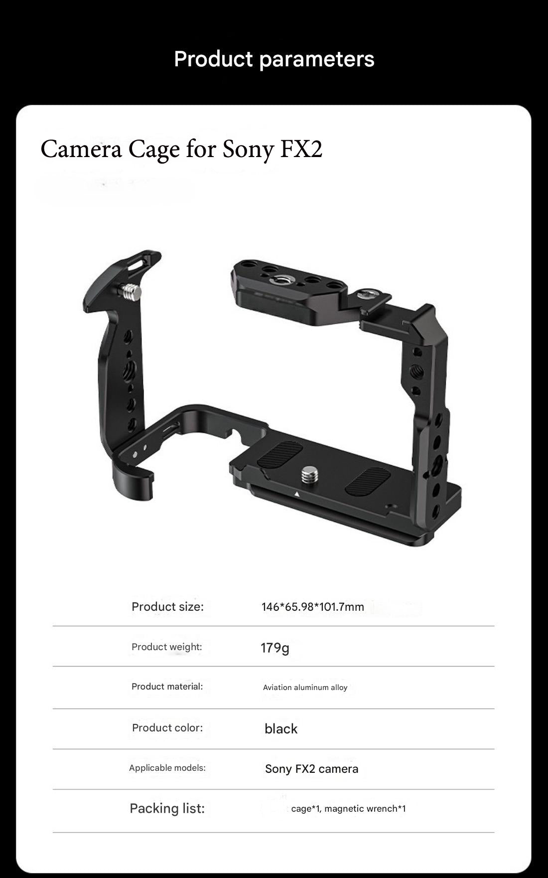 FX2 Camera Cage Compatible for Sony FX2 Digital Cinema Camera Accessory with NATO Slider Buit-in Arca Bottom Plate Two Point Locking Cold Shoe Multiple 1/4" 3/8" Threaded Holes for Quick Switch