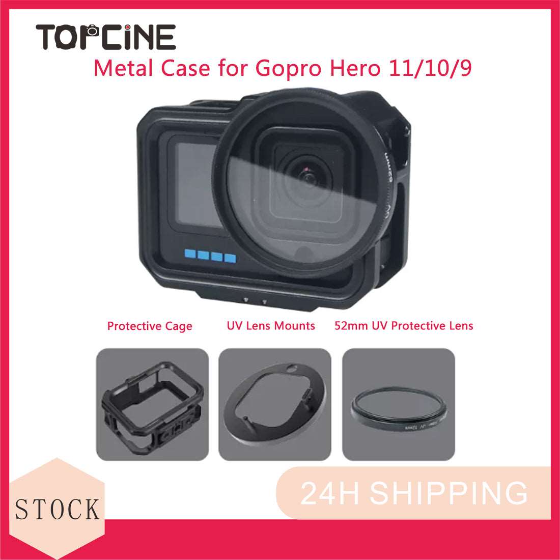 Topcine Metal Case for GoPro Hero 11/Hero 10/9 Black, Aluminum Alloy Protective Cage with Cold Shoe Mount & 52mm UV Protective Lens TOPCINE