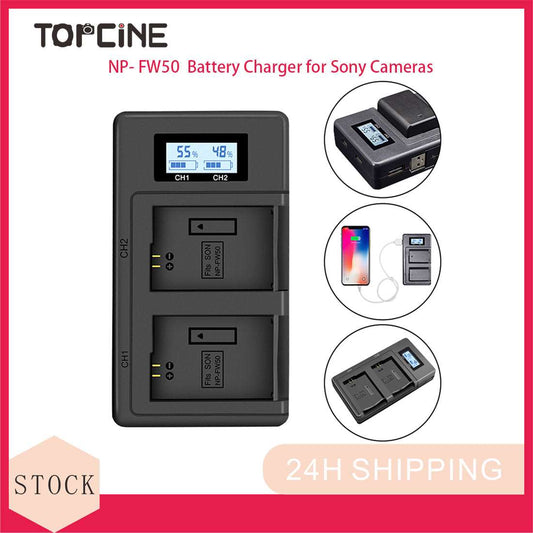 Topcine Dual Slot NP-FW50 Battery Charger, NPFW50 Fast Charger Compatible for Sony ZV-E10, Alpha A7, A7 II, A7R, A7R II, A7S, A7S II, A3000, A5000, A6000, A6300, A6400, A6500, NEX-3, NEX-3N, NEX-5, NEX-5N, NEX-5R, NEX-5T, NEX-6, NEX-7, NEX-C3 Cameras camera battery charger TOPCINE