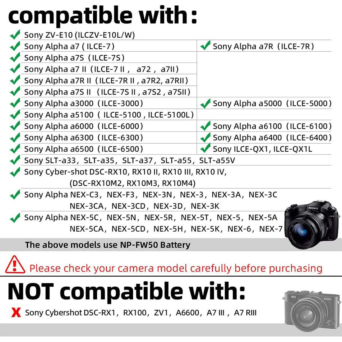 Topcine AC-PW20 AC Power Adapter NP-FW50 Dummy Battery for Sony A7II A7S2 A7M2 A7R2 A6500 A6400 A6300 A6100 A6000 NEX5 NEX7 A35 A37 A55 ZV-E10 Cameras TOPCINE