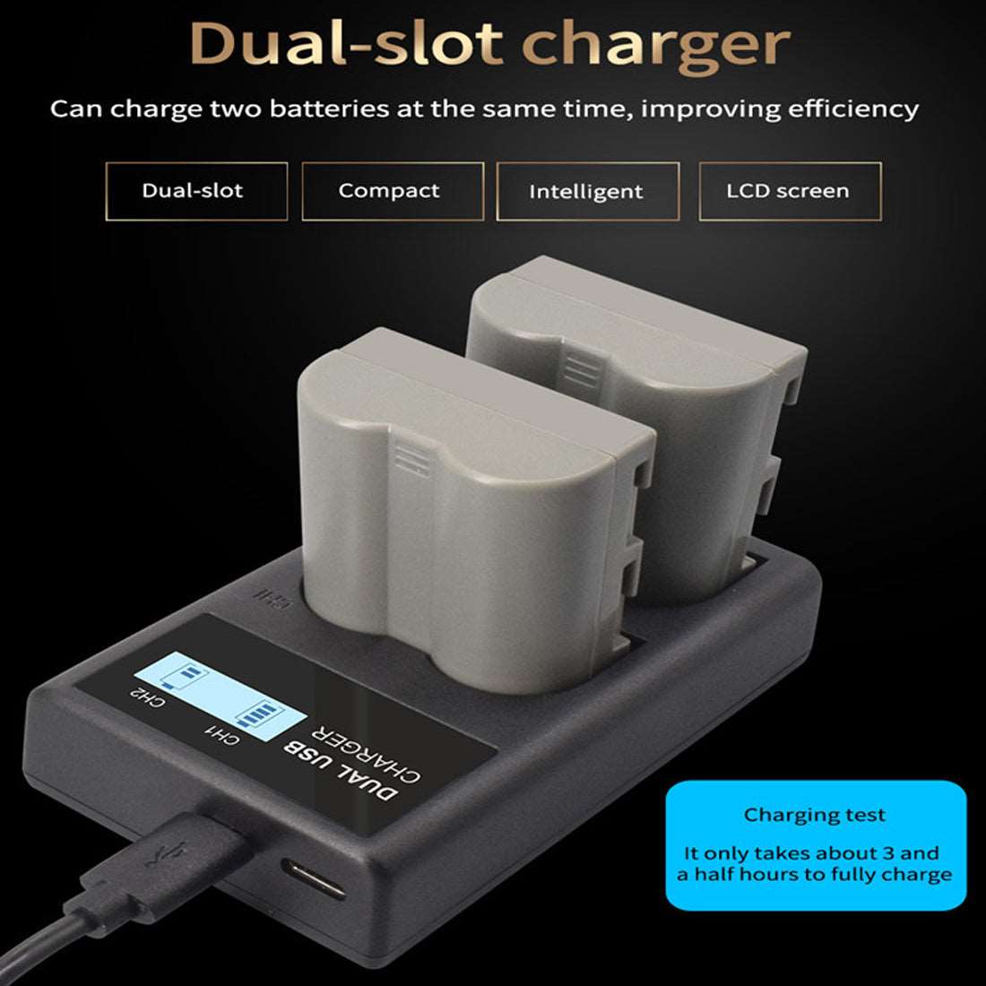 Topcine Dual Slot EN-EL3 Battery Charger, ENEL3 Fast Charger Compatible for Nikon EN EL3e, EL3, EL3a, D700, D300s, D300, D200, D100, D90, D80, D70s, D70, D50, MH-18, MH-18a, MH-19, MB-D200, MB-D10 & More TOPCINE