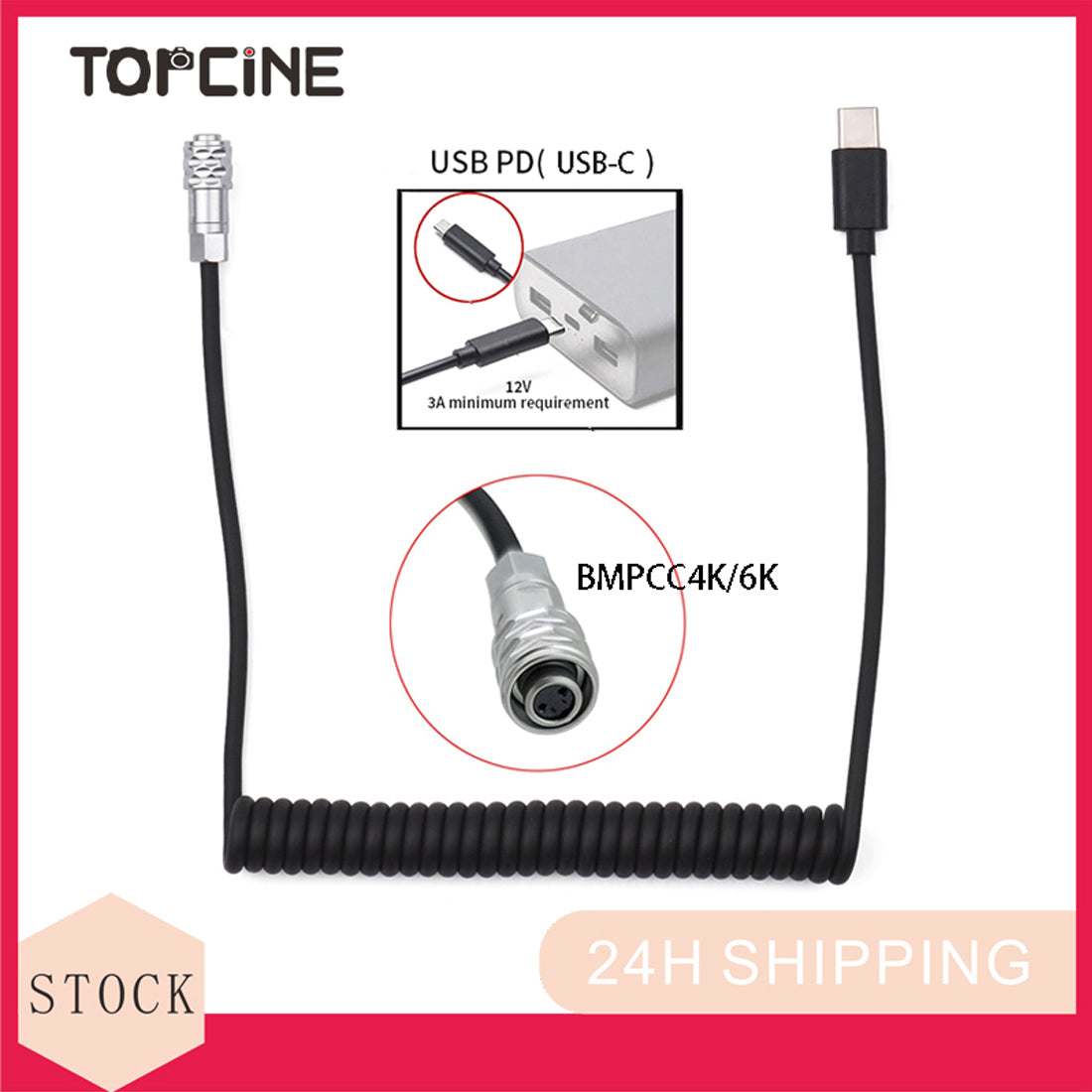 Topcine 12V USB/Type-C to BMPCC 4K 6K 6K Pro Spring Power Cable for Blackmagic Pocket Cinema Camera 4K 6K 6K Pro TOPCINE