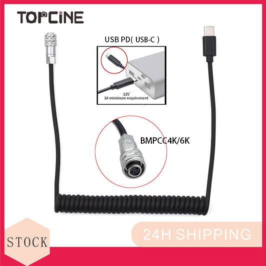 Topcine 12V USB/Type-C to BMPCC 4K 6K 6K Pro Spring Power Cable for Blackmagic Pocket Cinema Camera 4K 6K 6K Pro  TOPCINE