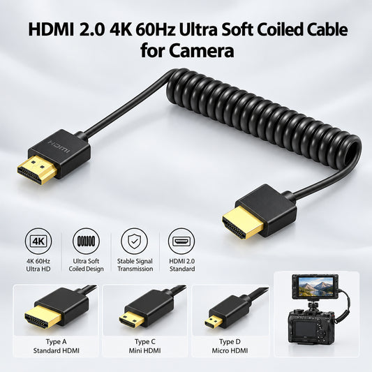 HDMI 2.0 Micro HDMI Cable 4K 60Hz Ultra Soft Coiled for Camera TOPCINE