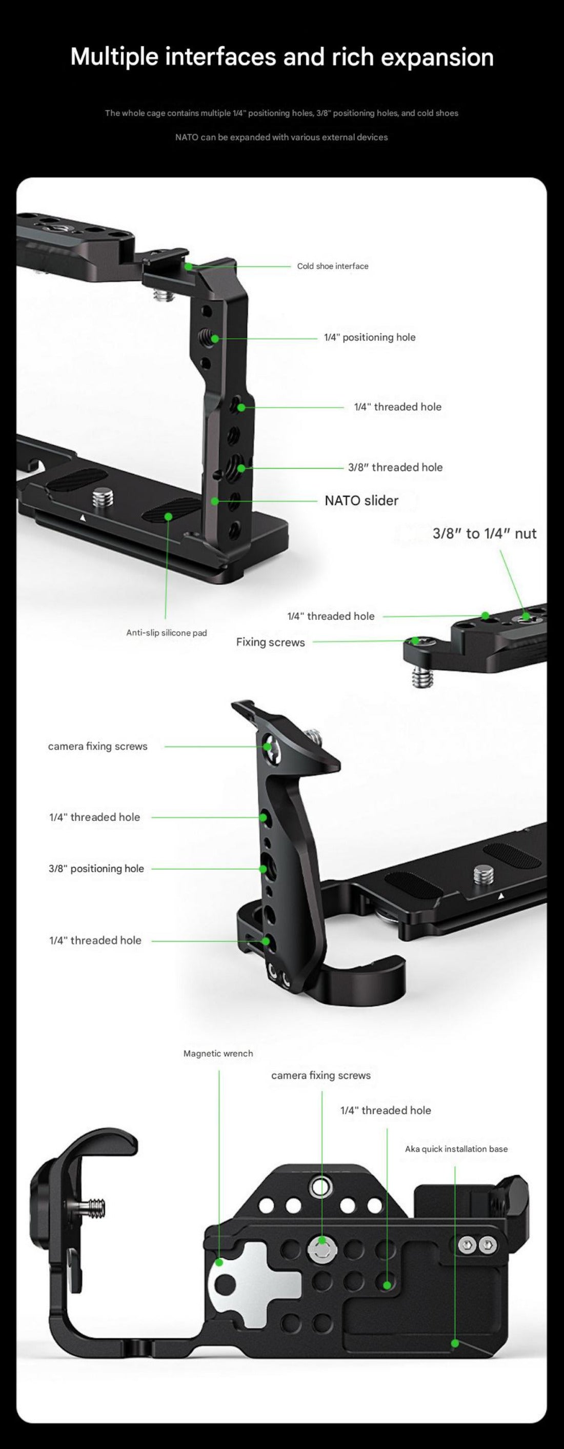 FX2 Camera Cage Compatible for Sony FX2 Digital Cinema Camera Accessory with NATO Slider Buit-in Arca Bottom Plate Two Point Locking Cold Shoe Multiple 1/4" 3/8" Threaded Holes for Quick Switch