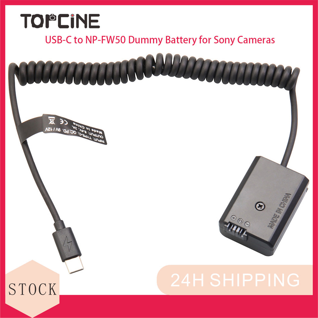 Topcine NP-FW50 Dummy Battery with USB-C(Type-C) PD Power Adapter Coiled Cable for Sony A7、A7R A7S A7M A7R2 A6500 A6400 A6300、A5100 A5000 A3000 ZV-E10 RX10 NEX3/5/7 A55Cameras TOPCINE