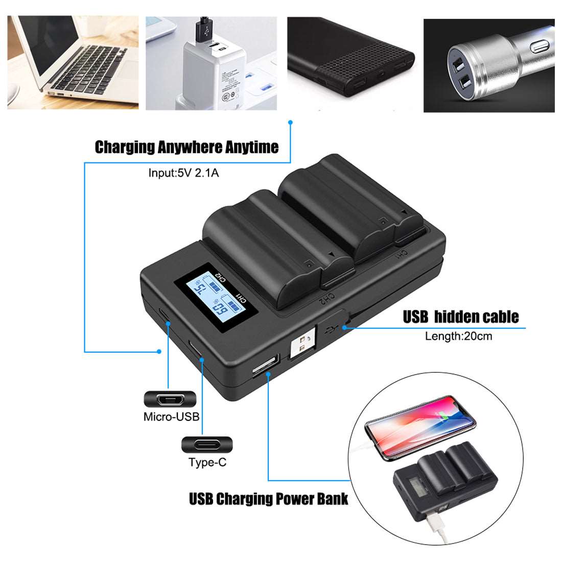 Topcine Dual Slot EN-EL9 Battery Charger, ENEL9 Fast Charger Compatible for Nikon EN-EL9, EN-EL9a, EN-EL9e Batteries and Nikon D40, D40x, D60, D5000, D3000 Digital SLR Cameras MH-23 Charger and More TOPCINE
