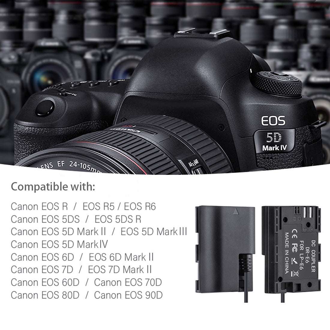 Topcine LP-E6 Dummy Battery with USB-C(Type-C) PD Power Adapter Coiled Cable for Canon EOS 5DMark II 5DMark III 5DMark IV 6D 60D 6DMark II 7DMark II 70D 80D 90D 5DSR EOS R R5 R6 Cameras TOPCINE