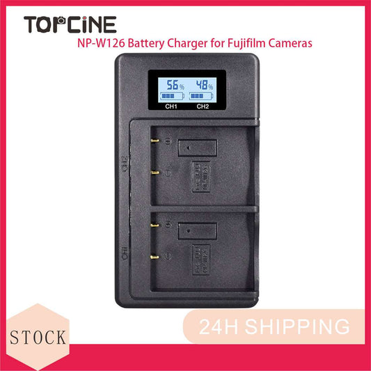 Topcine Dual Slot NP-W126 Battery Fast Charger,NPW126 Charger Compatible for Fujifilm HS30EXR, HS33EXR, HS35EXR, HS50EXR, X-A1, X-A2, X-A3, X-A5, X-A7, X-A10, X-E1, X-E2, X-E2S, X-E3, X-E4, X-H1, X-M1, X-Pro1, X-Pro2, X-Pro3, X-S10, X-T1, X-T2, X-T3, X-T1  TOPCINE