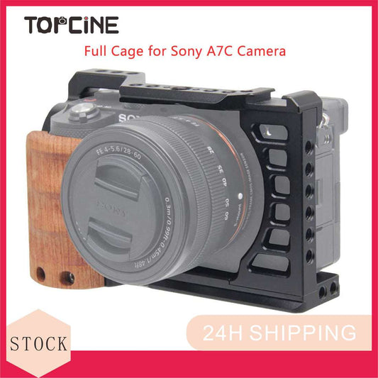Topcine Camera Cage for Sony A7C, Vlogging Video Rig Stabilizer Accessories with Wooden Handle Grip, Cold Shoe, 1/4" Mounting Points and 3/8" Locating Hole  TOPCINE