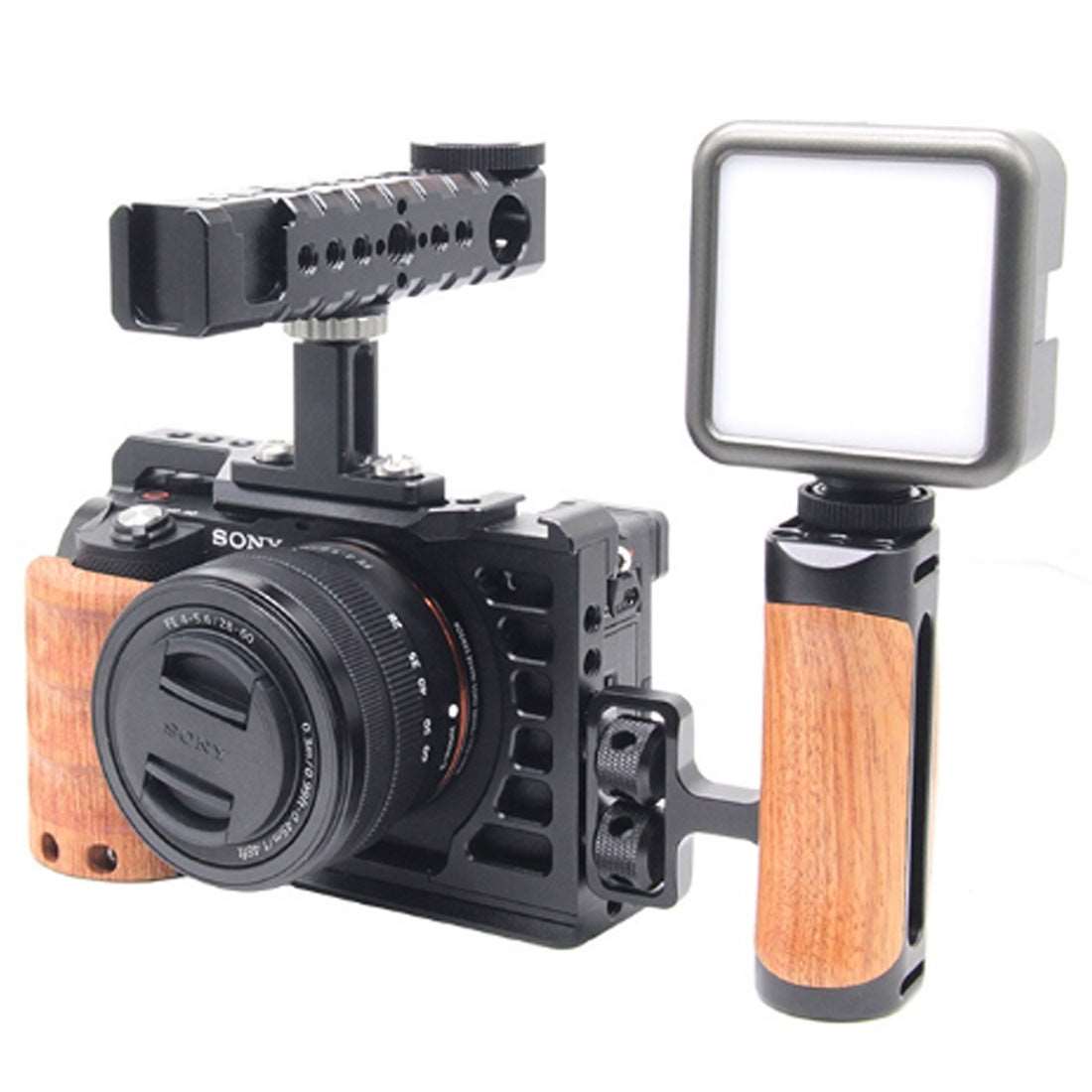 Topcine Camera Cage for Sony A7C, Vlogging Video Rig Stabilizer Accessories with Wooden Handle Grip, Cold Shoe, 1/4" Mounting Points and 3/8" Locating Hole TOPCINE