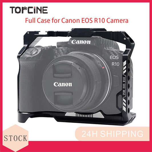 Topcine Full Cage Canon EOS R10 Camera Cage Rig, Aluminum Alloy R10 cage with 1/4"-20 and 3/8"-16 Threaded Hole, Cold Shoe and Quick Release Plate  TOPCINE