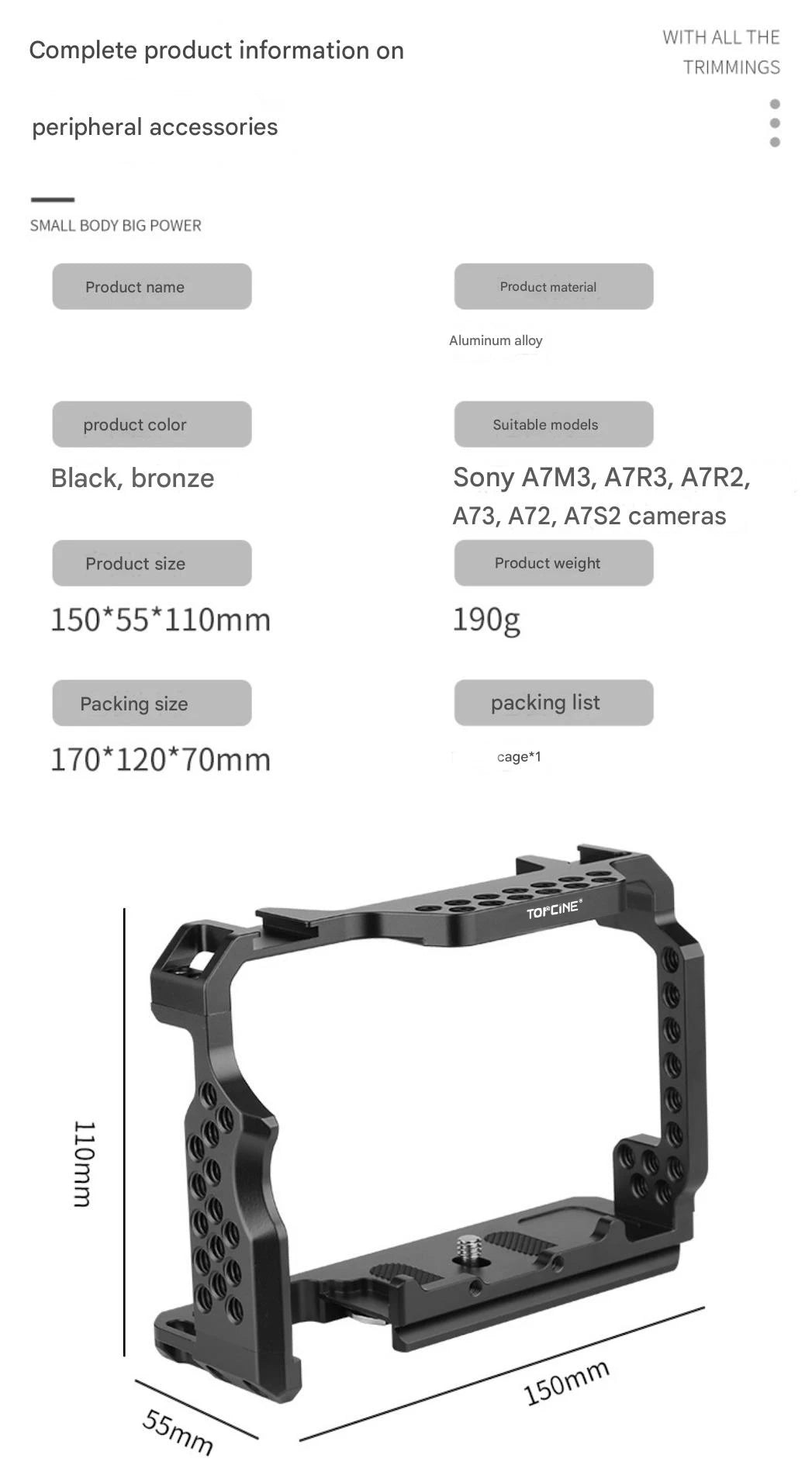 A7S2 Cage for Sony Alpha A7II A7III A7RII A7RIII A7SII Camera with Cold Shoe Arca BasePlate Multiple Hole for Camera Accessories