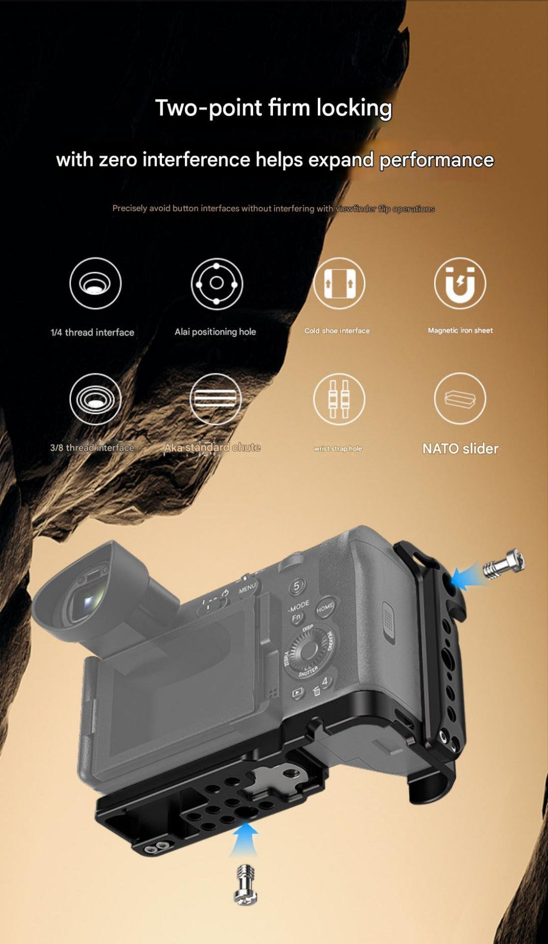 FX2 Camera Cage Compatible for Sony FX2 Digital Cinema Camera Accessory with NATO Slider Buit-in Arca Bottom Plate Two Point Locking Cold Shoe Multiple 1/4" 3/8" Threaded Holes for Quick Switch
