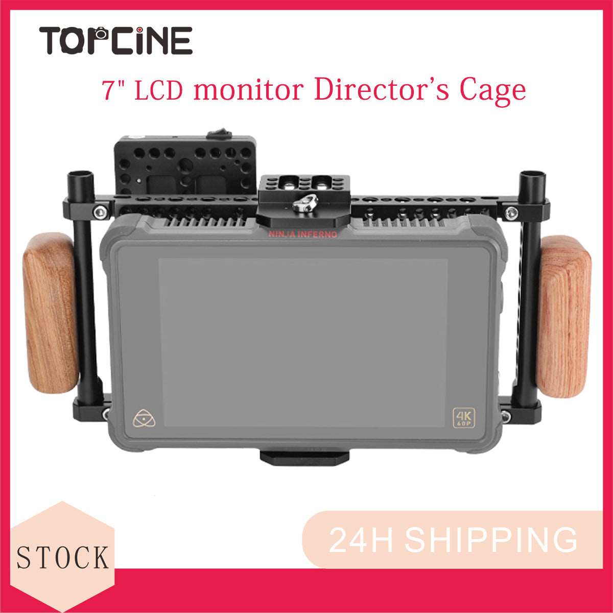 Topcine Director's Cage for Camera Monitors. Cage Fits to LCD 7" Monitors, Comfortable Handheld Shooting with wooden Dual Grip Handles,with Battery Mounting Option TOPCINE