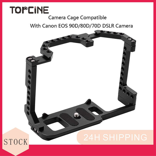 Topcine Camera Cage for Canon EOS 90D/80D/70D DSLR Camera, Full Camera Cage with  Cold Shoe Mount, 1/4"-20 Threaded Holes Standard 38mm Bottom Plate with Quick Release Sliding Chute, Anti-Slip Design camera cage TOPCINE