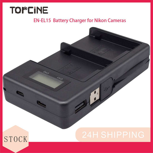 Topcine Dual Slot EN-EL15 Battery Charger, ENEL15 Fast Charger Compatible for Nikon D500, D600, D610, D750,D780, D800, D800e, D810, D810a, D850, D7000, D7100, D7200, D7500, 1 V1, Z6, Z6 II,Z7, Z7 II Cameras  TOPCINE