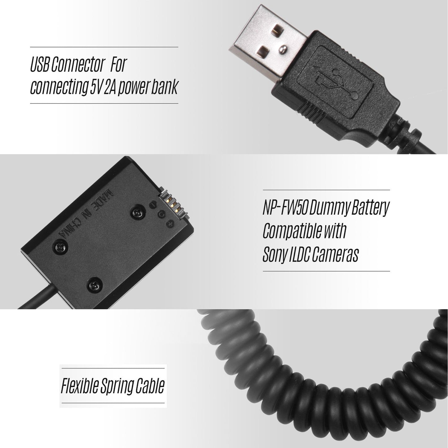 Topcine NP-FW50 Dummy Battery with DC Power Bank USB Adapter Flexible Spring Cable Compatible with Sony A7 A7II A7R A6500 NEX7 A35 A55 camera etc. TOPCINE