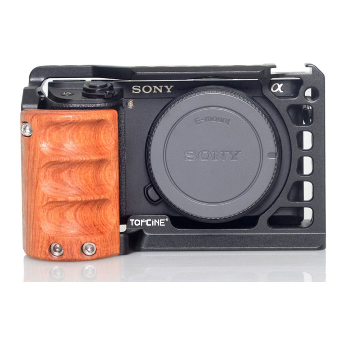 Topcine Camera Cage for Sony A6500 A6400 A6300 A6000 A6100 Cameas with Cold Shoe,Handle Locating Holes,Multiple 1/4" 3/8" Screw Holes camera cage TOPCINE Cage with Wood Grip