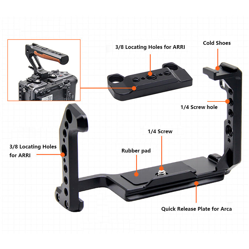 TOPCINE Camera Cage Compatible for SONY FX30/FX3 Camera, 3/8"-16 Locating Holes for ARRI, Cold Shoe Mount for Microphone and Light camera cage TOPCINE