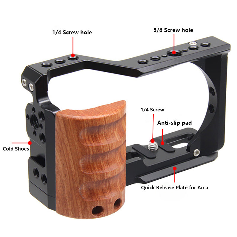 Topcine Camera Full Cage with Wood Handle Compatible for Sony Alpha ZV-E10 Camera, Aluminum Alloy Camera Rig for Sony ZVE10 Camera. 3/8"-16 Locating Holes for ARRI Camera Cages TOPCINE