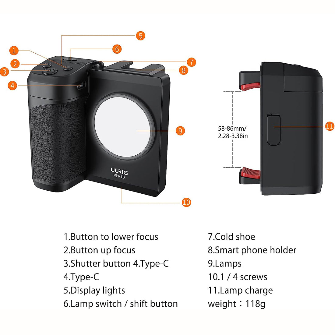 Topcine Smartphone Camera Shutter Remote Handle Grip with Detachable Wireless Remote Control,Three-Speed Adjustable Fill Light for iPhone Samsung Google OnePlus Phones Video/Photo Shooting TOPCINE