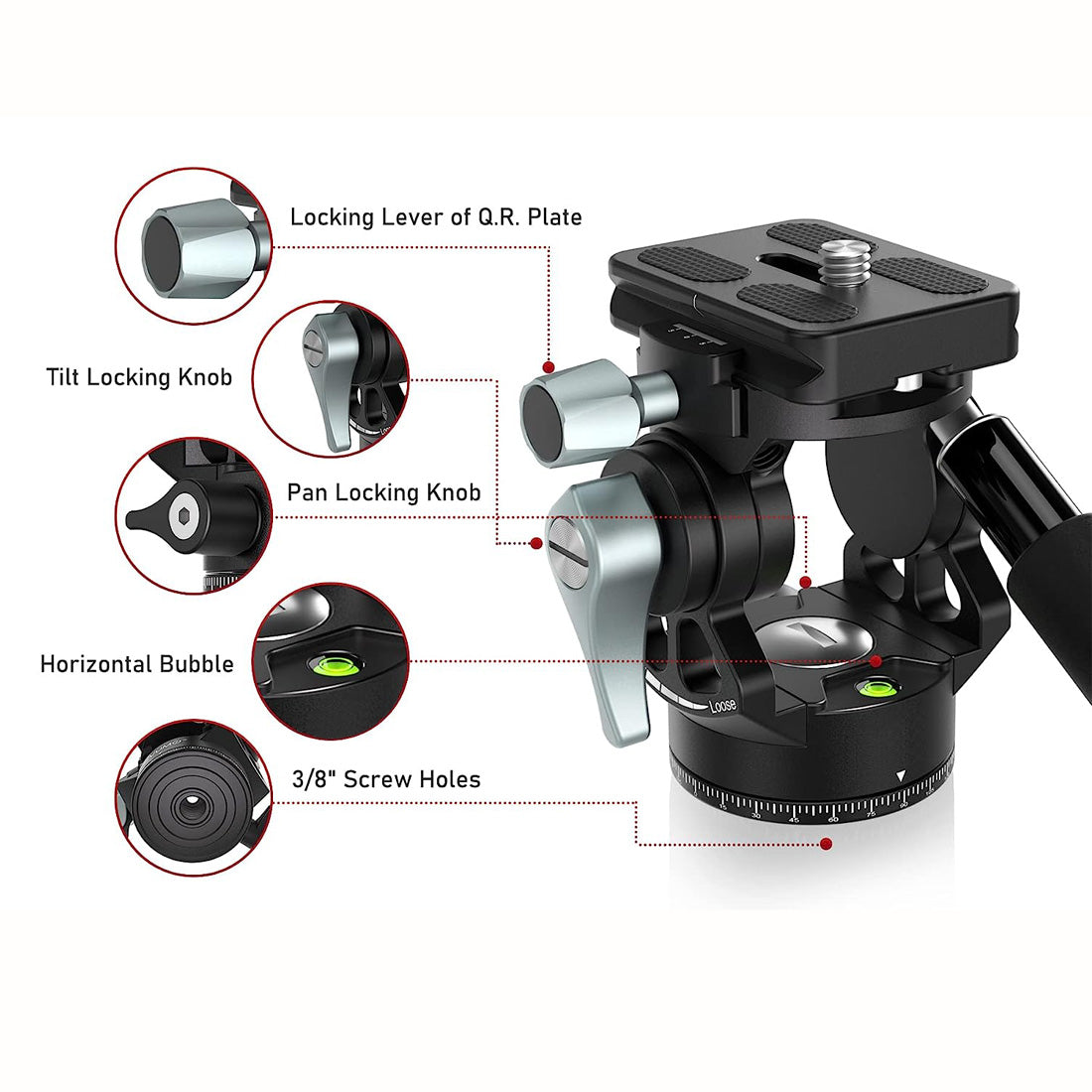 Topcine Video Fluid Head for Camera Tripod, Mini Pan Tilt Head Small Panoramic Ball Head with Arca Swiss Quick Release Plate Lightweight Filming Equipment, with Detachable Handle TOPCINE