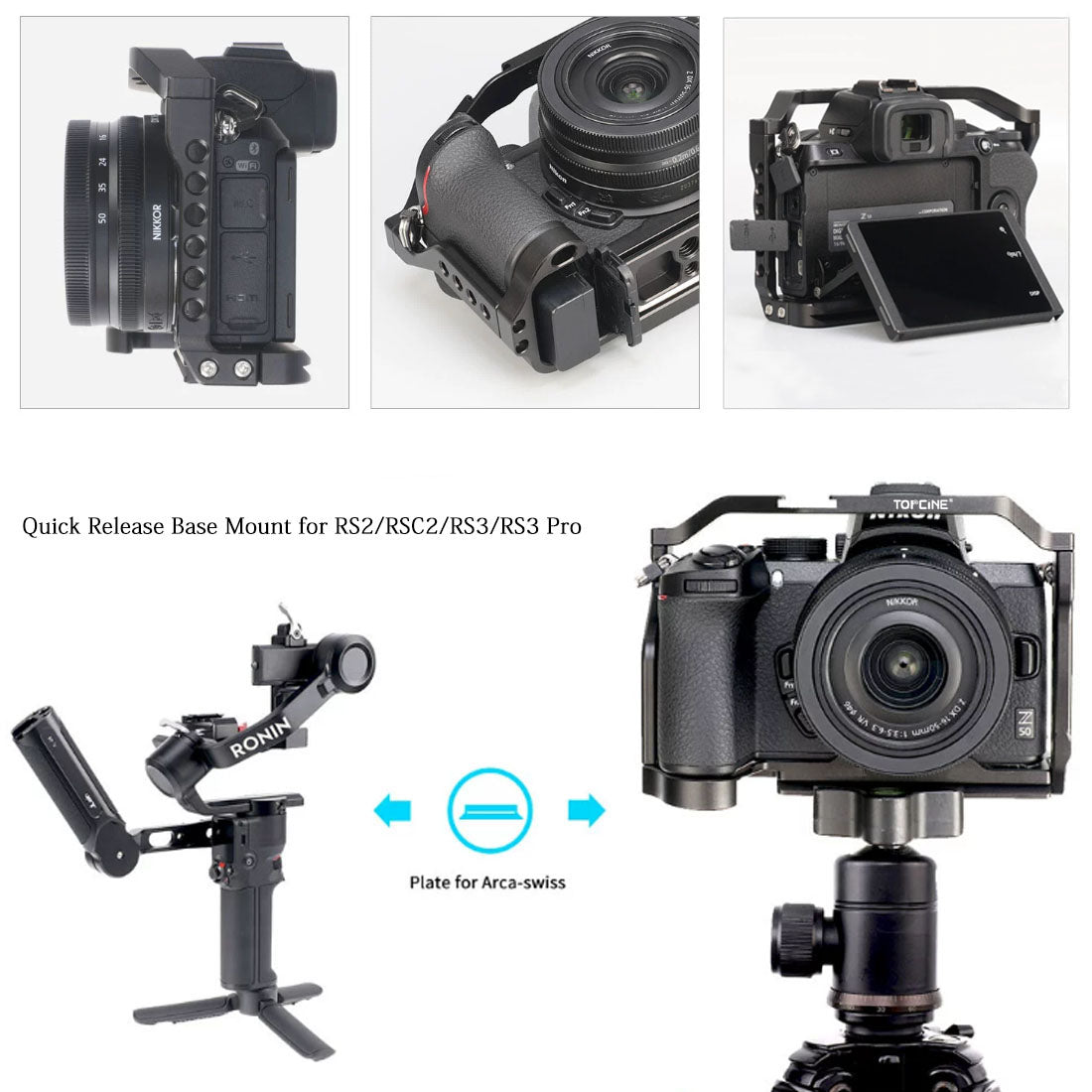Topcine Camera Cage for Nikon Z50 Camera, Full Aluminium Camera Cage with Multiple 1/4"-20 and 3/8"-16 Holes Cold Shoe Mount Extension for Microphone Light Monitors and More TOPCINE