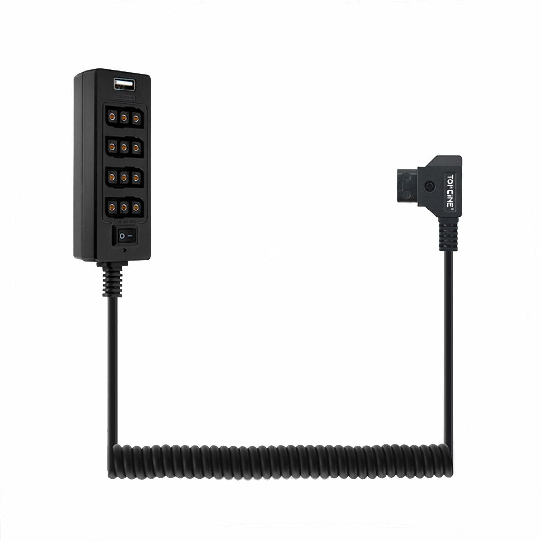 Topcine Multifunctional D-Tap Male Port To 4-D-Tap Female Port Coiled Splitter Cable with Power Switch D-tap for V-Mount V-Lock, Gold Mount Battery to 3P x 4 Female Port & USB for LCD Monitor, LED Video Light, BMPCC 4K 6K, ARRI RED Camera TOPCINE