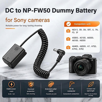 NP-FW50 Dummy Battery DC Power Adapter Cable for Sony Cameras D-Tap USBC Plug camera dummy battery TOPCINE DC Plug