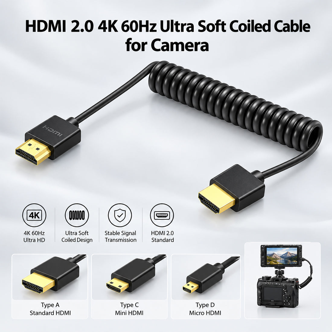 HDMI 2.0 Micro HDMI Cable 4K 60Hz Ultra Soft Coiled for Camera TOPCINE