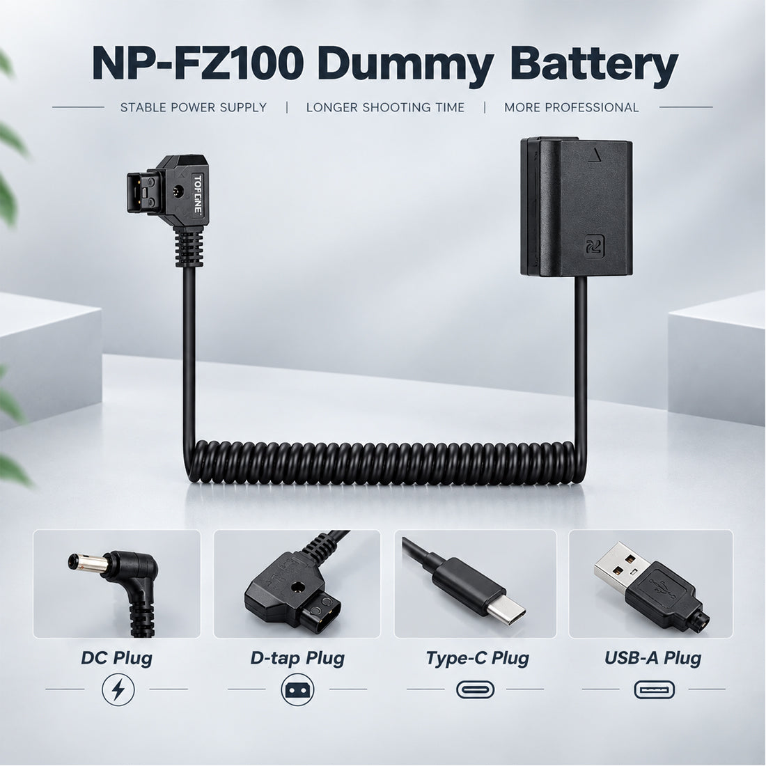 D-Tap to NP-FZ100 Dummy Battery Coiled Power Cable Cord Adapter Compatible for Sony Alpha 1 Alpha A7III A7R III A9 A7R IV Alpha 9 II A9R A9S A7R3 A7S3 FX3 Camera dummy battery TOPCINE