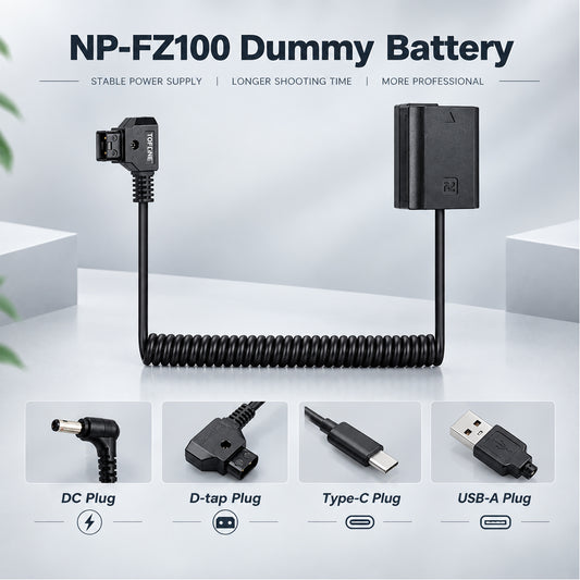 D-Tap to NP-FZ100 Dummy Battery Coiled Power Cable Cord Adapter Compatible for Sony Alpha 1 Alpha A7III A7R III A9 A7R IV Alpha 9 II A9R A9S A7R3 A7S3 FX3 Camera dummy battery TOPCINE