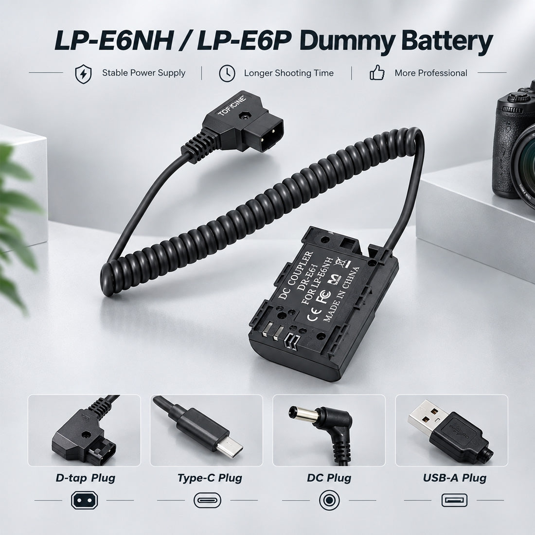 Topcine D-Tap Power Supply Cable LP-E6 Dummy Battery Compatible with Canon EOS 5DMark II 5DMark III 5DMark IV 6D 60D 6DMark II 7DMark II 70D 80D 90D 5DSR EOS R R5 R6 Cameras camera dummy battery TOPCINE