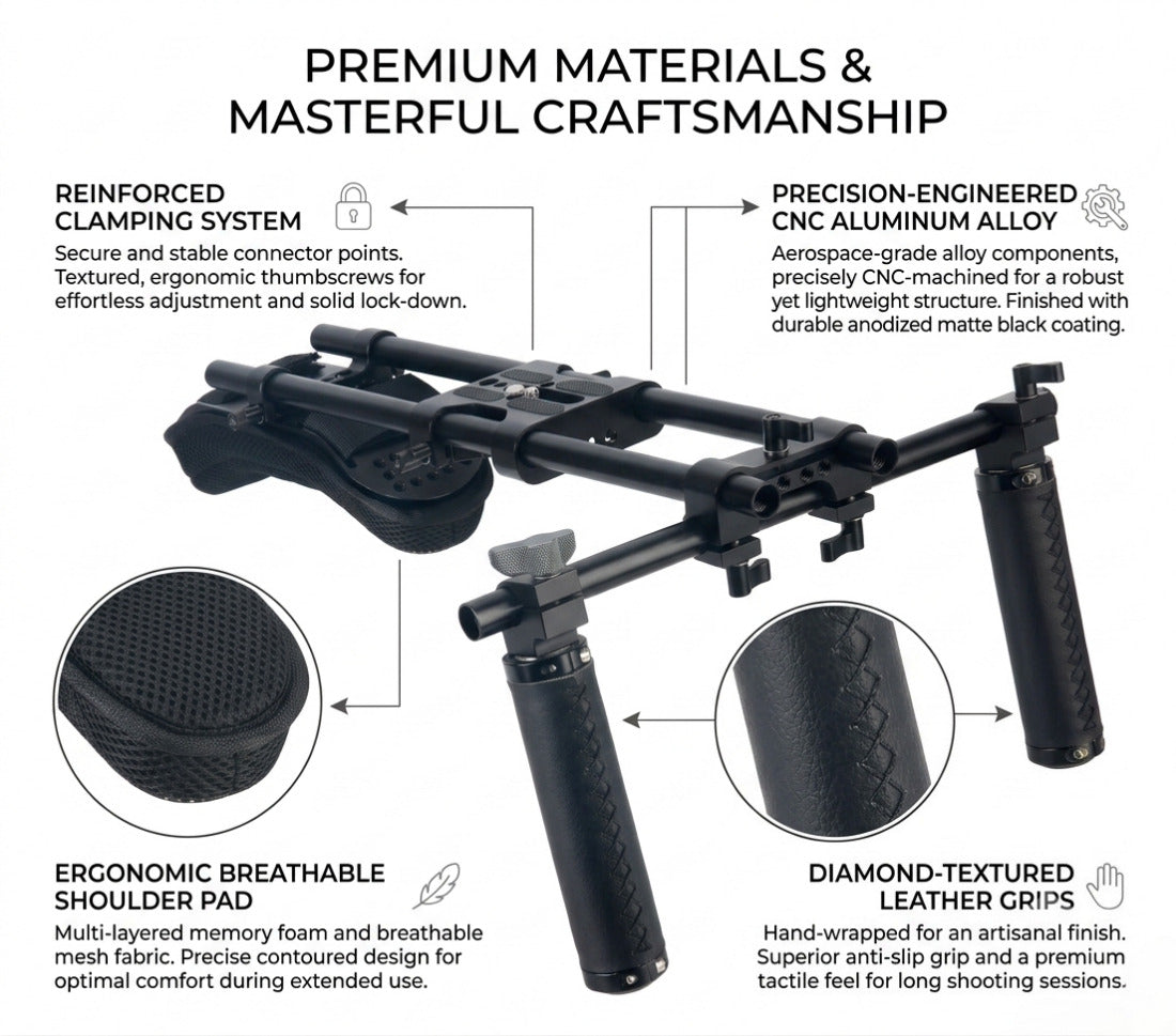 Professional Shoulder Rig Support Kit for Most DSLR Video Cameras Handheld Shoulder Mount Support Video Camera Anti-shake Stabilizer Kit for Vlogging Filmmaking Social Media Content Creation Outdoor Shooting