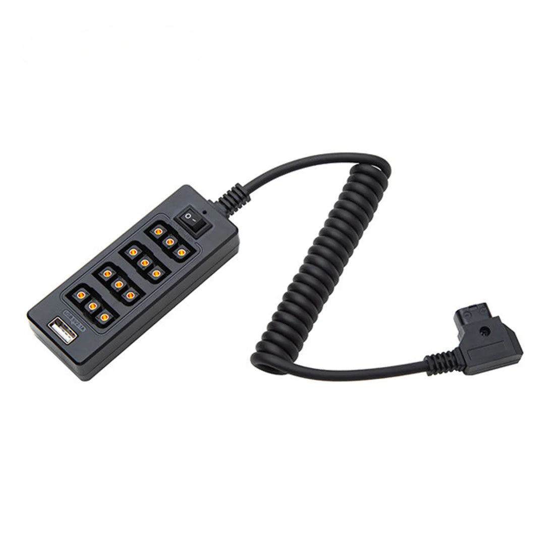TOPCINE Multifunctional D-Tap Male Port To 4-D-Tap Female Port Coiled Splitter Cable with Power Switch D-tap for V-Mount V-Lock, Gold Mount Battery to 3P x 4 Female Port & USB for LCD Monitor, LED Video Light, BMPCC 4K 6K, ARRI RED Camera and Smartphone