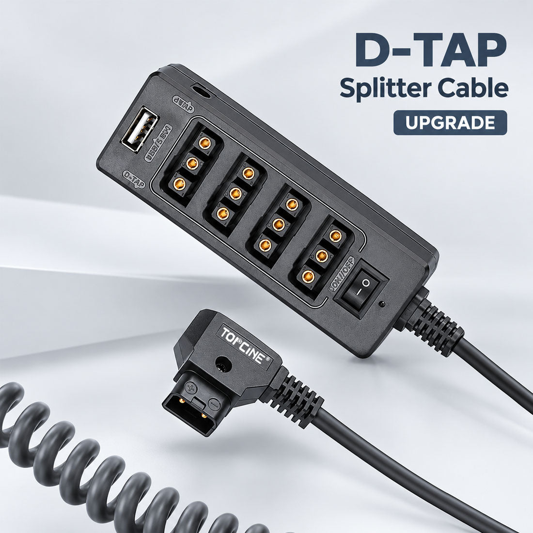 Topcine Multifunctional D-Tap Male Port To 4-D-Tap Female Port Coiled Splitter Cable with Power Switch D-tap for V-Mount V-Lock, Gold Mount Battery to 3P x 4 Female Port & USB for LCD Monitor, LED Video Light, BMPCC 4K 6K, ARRI RED Camera TOPCINE