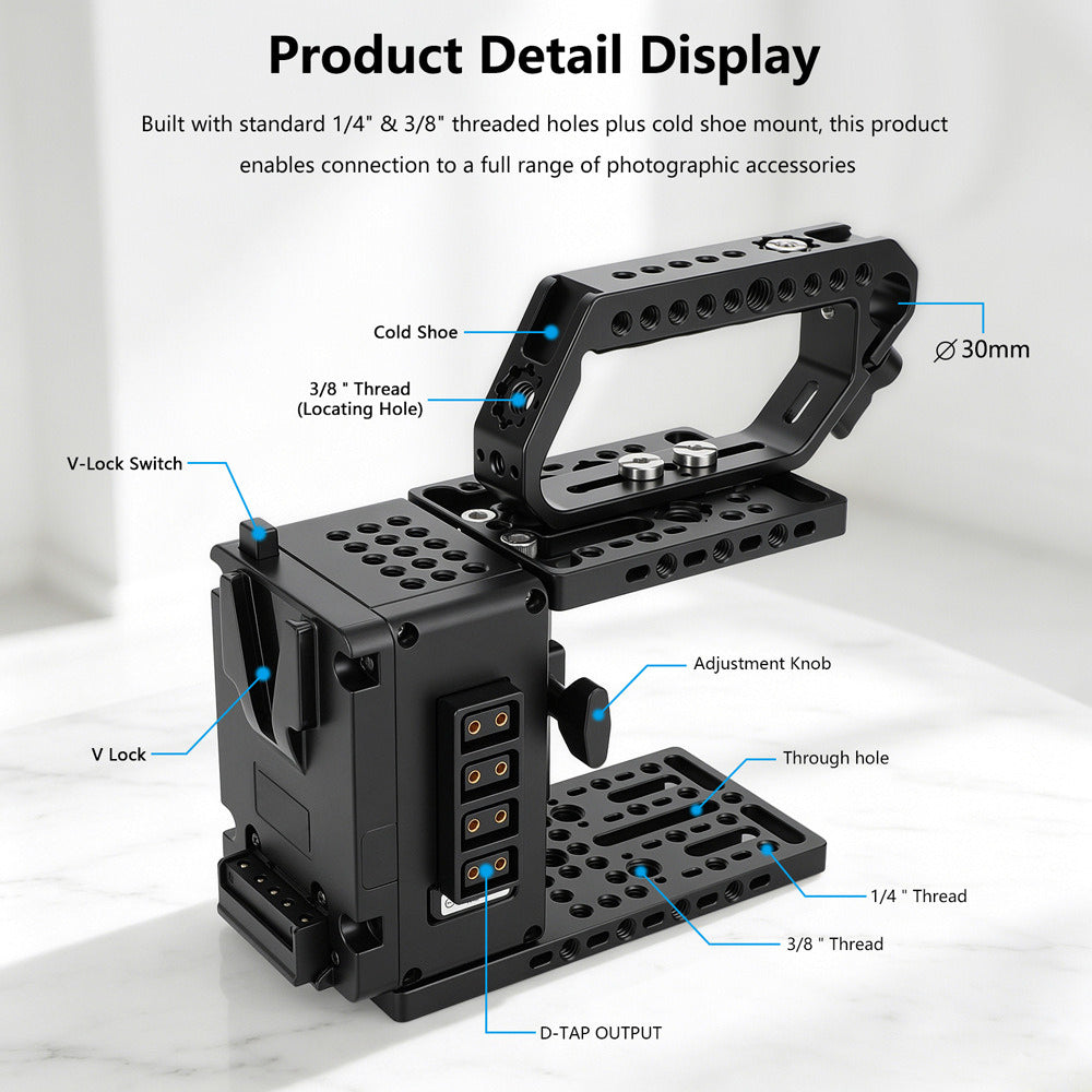 Universal Camera Expansion Module with Height Adjustable,  Integrated V-mount Battery Plate,  Four D-Tap Output Ports, Cold Shoe and 1/4 3/8" Threaded Holes for FX3/FX30/ZV-E1/A7M4/A7S3/S5M2/S5M2X/R5C and More