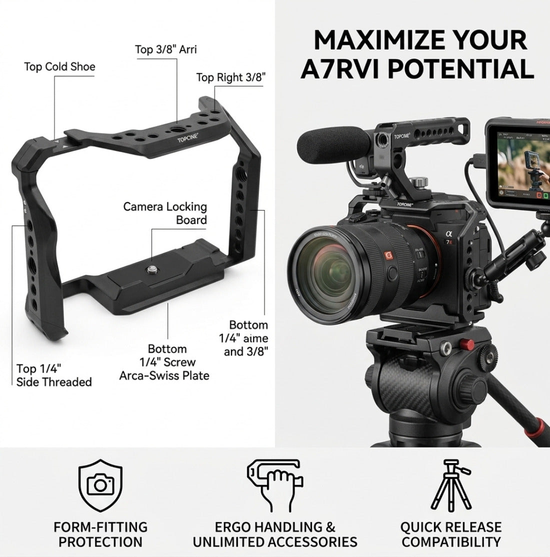 A7R6 Camera Cage for Sony Alpha 7R VI Camera with Arca Base NATO Chute camera cage TOPCINE
