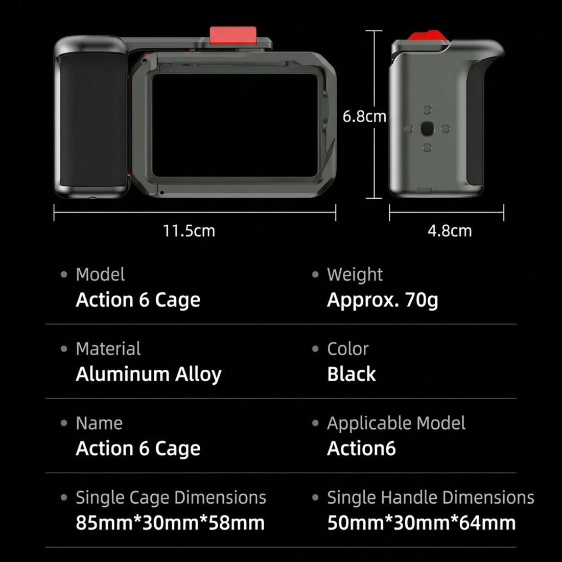 Handle Grip + Metal Cage Kit Compatible with DJI Osmo Action 6，Handle Holder Bundle Expansion Mount with Shutter Button camera cage TOPCINE