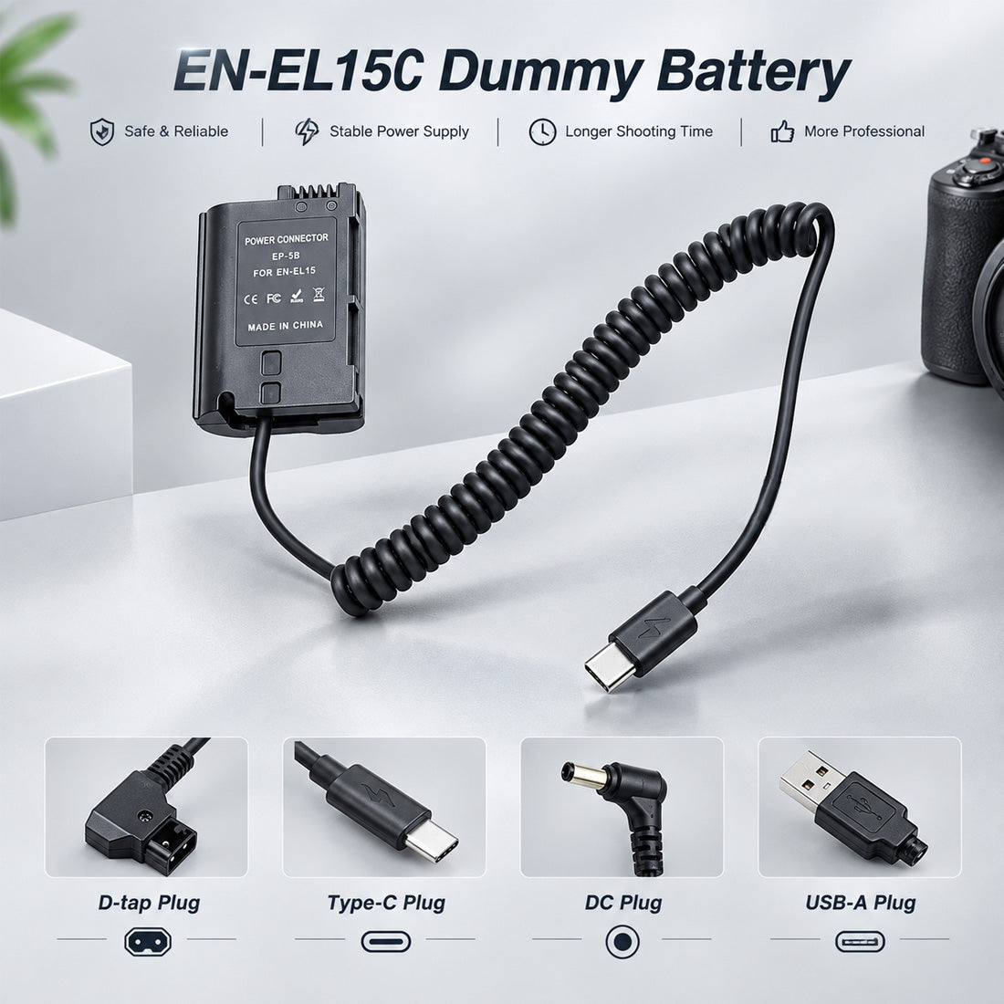 EN-EL15C Dummy Battery for Nikon Cameras | USB-C, D-Tap, DC camera dummy battery TOPCINE