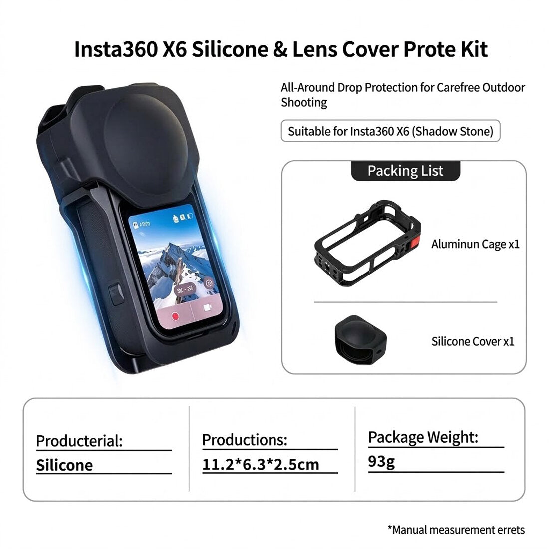 Metal Protective Cage for Insta360 X6 Accessories, with double Cold Shoes camera cage TOPCINE