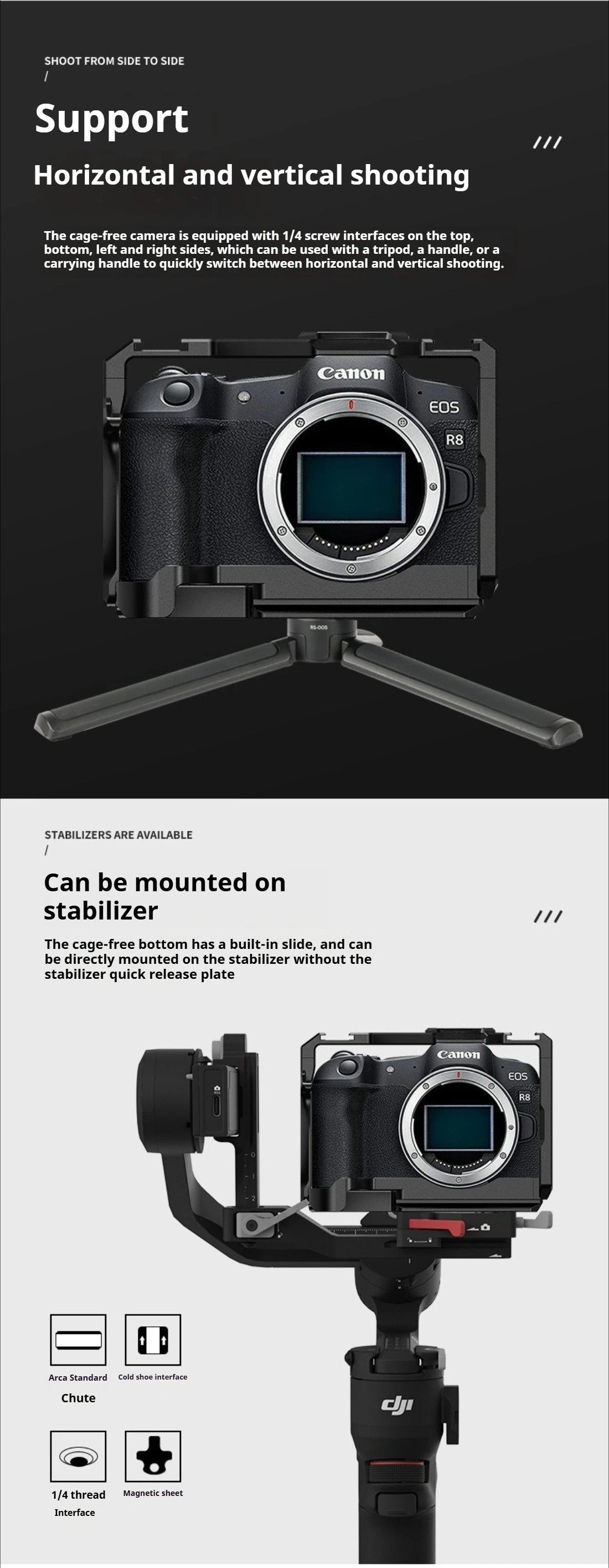 RP Cage for Canon EOS R8/RP Camera Cage with Double Cold Shoe Multiple 1/4 3/8 Threaded Holes for LED Monitor Microphone Vlogging