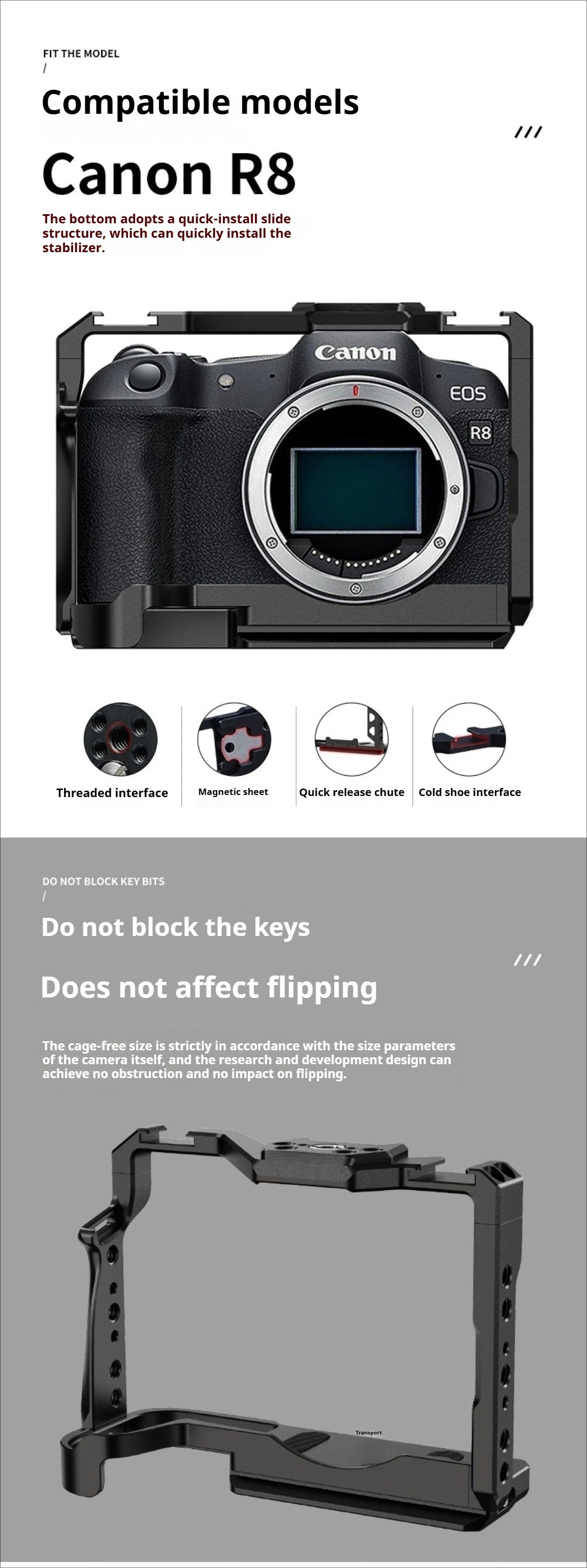 RP Cage for Canon EOS R8/RP Camera Cage with Double Cold Shoe Multiple 1/4 3/8 Threaded Holes for LED Monitor Microphone Vlogging