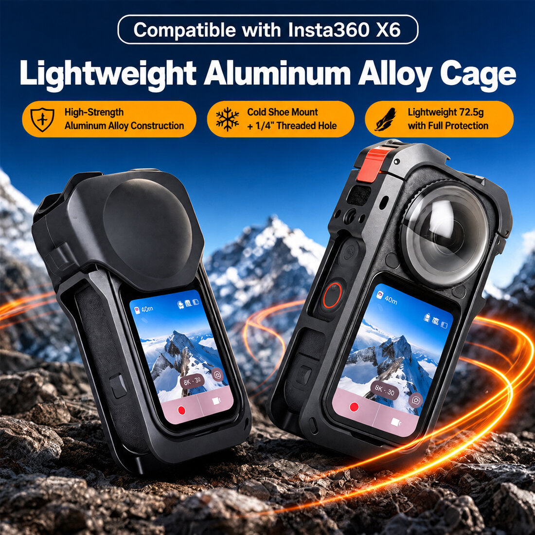 Metal Protective Cage for Insta360 X6 Accessories, with double Cold Shoes camera cage TOPCINE