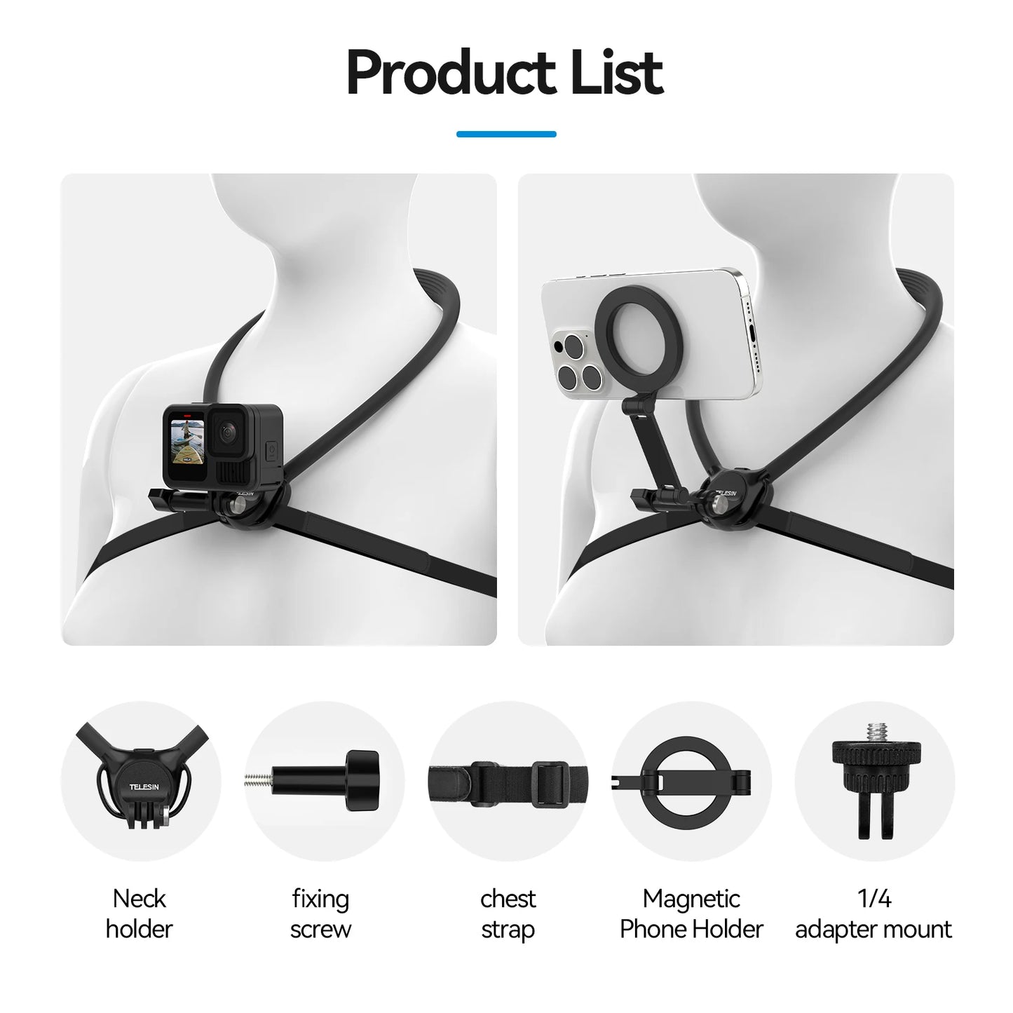 Phone Action Camera 2 in 1 Neck Hold Mount for GoPro Insta360 DJI OSMO Action Universal Action Camera Phone Accessories
