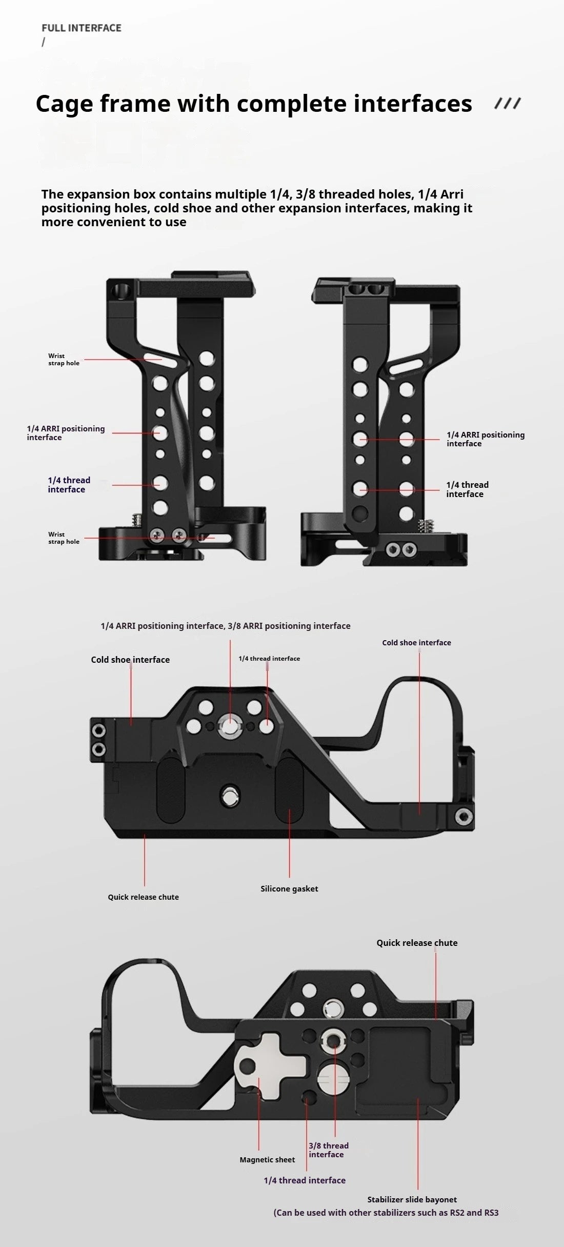 RP Cage for Canon EOS R8/RP Camera Cage with Double Cold Shoe Multiple 1/4 3/8 Threaded Holes for LED Monitor Microphone Vlogging