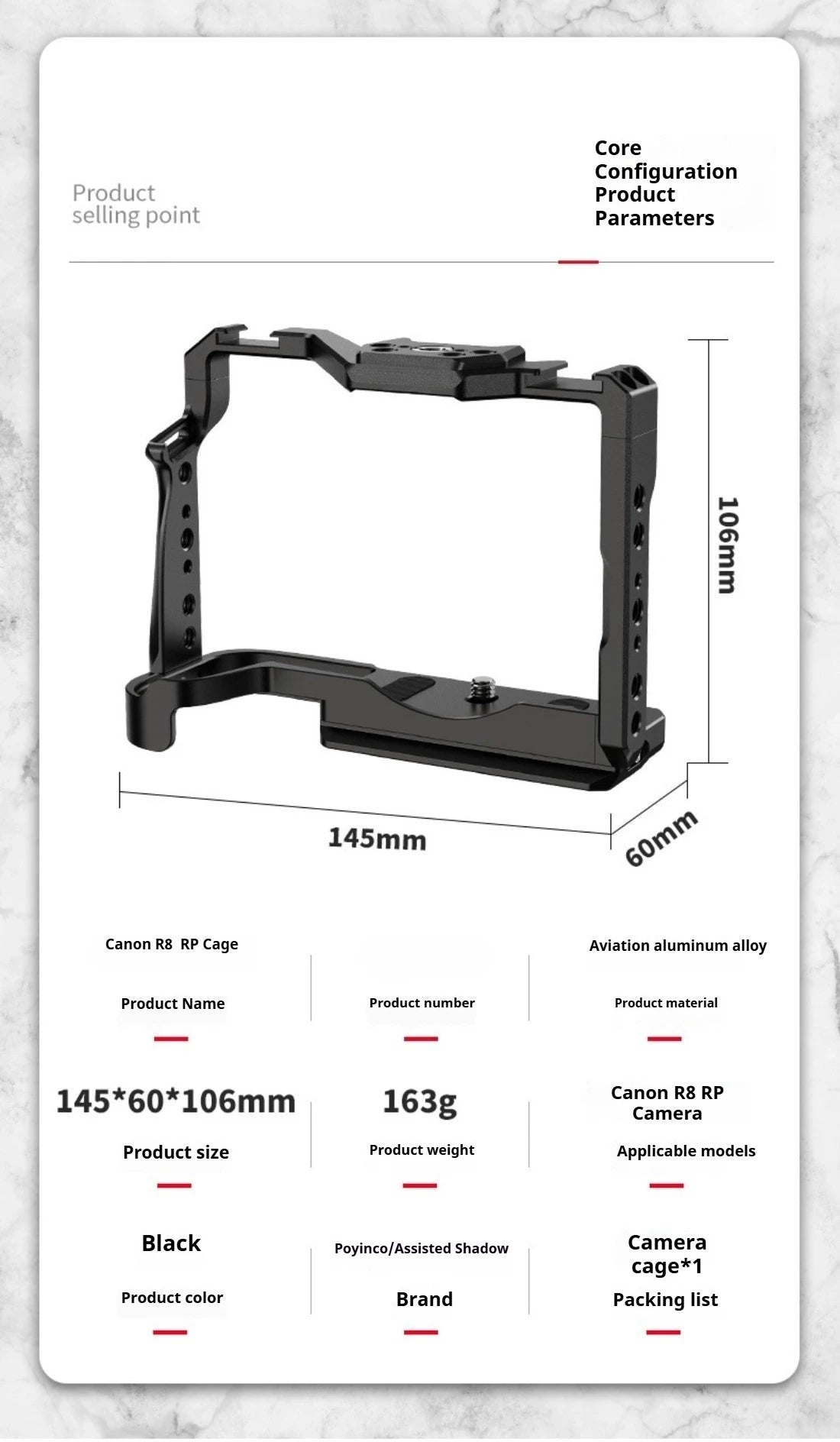 RP Cage for Canon EOS R8/RP Camera Cage with Double Cold Shoe Multiple 1/4 3/8 Threaded Holes for LED Monitor Microphone Vlogging